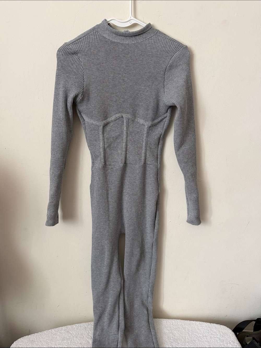 Women's Ribbed Long-Sleeve Sweater Jumpsuit - Gray